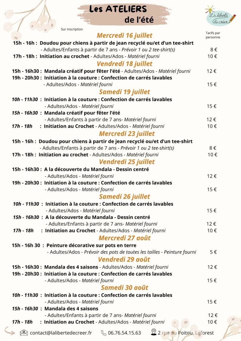Ateliers juillet août 2025